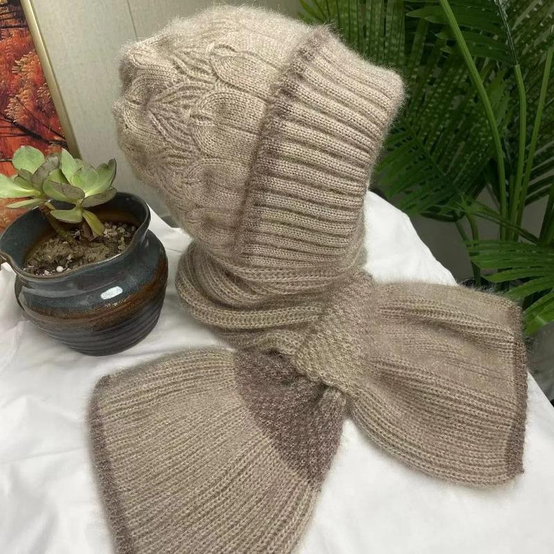 

Осенне-зимние шапки и шарфы с цветовыми блоками Новые бархатные и утолщенные вязаные модные шапки «все в одном» с защитой от ветра и снега и защитой ушей M（56-58cm）