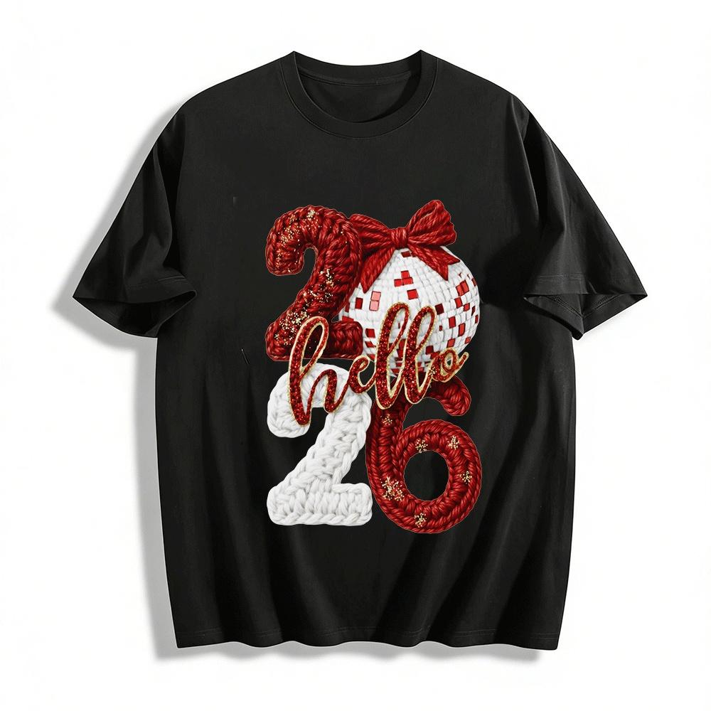 2026 New Year Themed Knit Style Sequin Print Casual Top Pure cotton T-shirt XXS