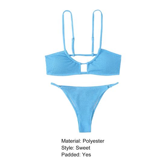 2 Pcs/Set Bikini Set Solid Color High Waist Spaghetti Strap Whorl Women