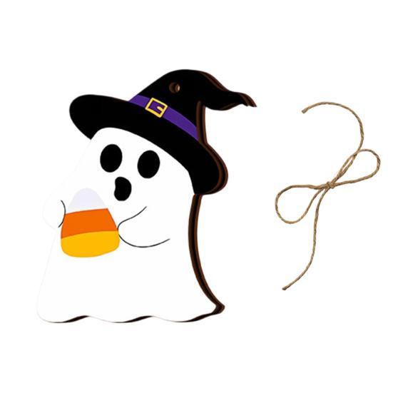 Halloween Wall Ornaments Ghost Wooden Hanging Sign with Hemp Rope, Cute Holiday Pendants for Home Party Decorations