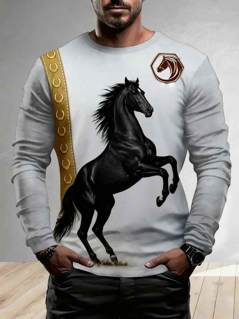 Men's T-Shirt Running Horse Graphic 3D Print Fashion Long Sleeve Crew Neck Unisex Tee Shirt Casual Summer Personality Men's Top