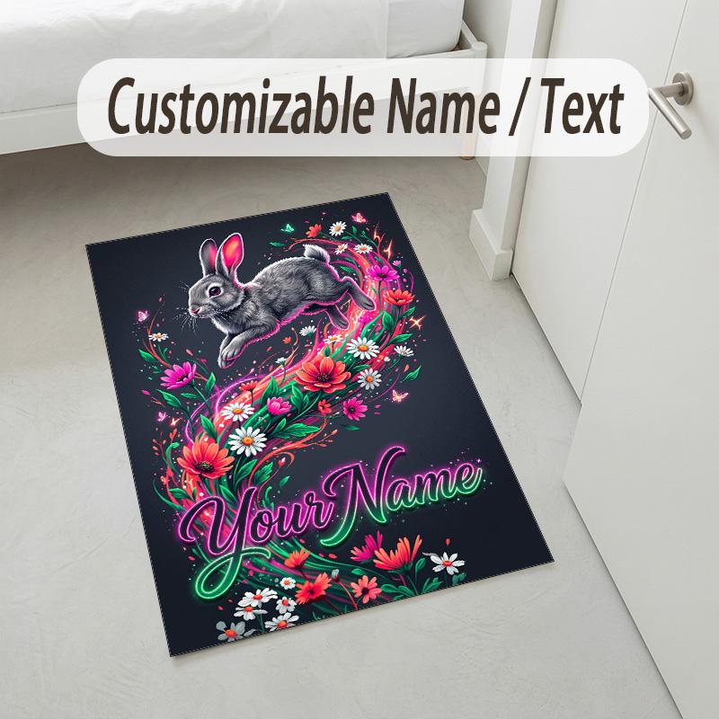 Easter Bunny Theme Crystal Velvet Rug Personalized Custom Name Text Soft Floor Mat Home Decor