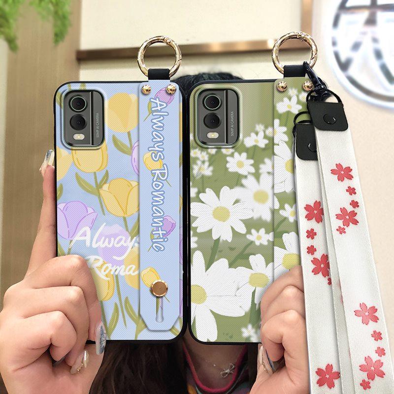Waterproof Back Cover Phone Case For Nokia C32 Anti-dust Flower Kickstand Wrist Strap Phone Holder Shockproof Wristband
