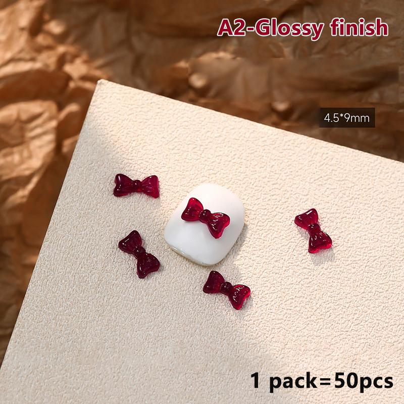 50Pcs French Style Bows Nail Accessories Mixed Size 3D Wine Red Bowknot Nail Charms Kawaii Winter Nail Art Decoration Cute Parts