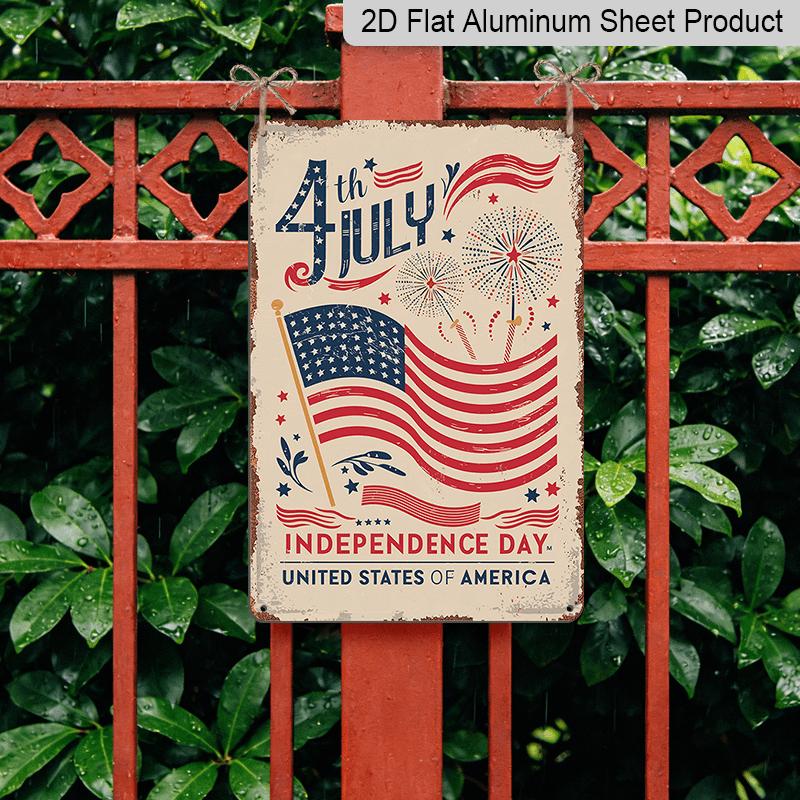 2D Flat Vintage 4th of July Independence Day Aluminum Wall Art Sign - Patriotic American Flag Design with Fireworks & Stars, Rustic Home Decor for