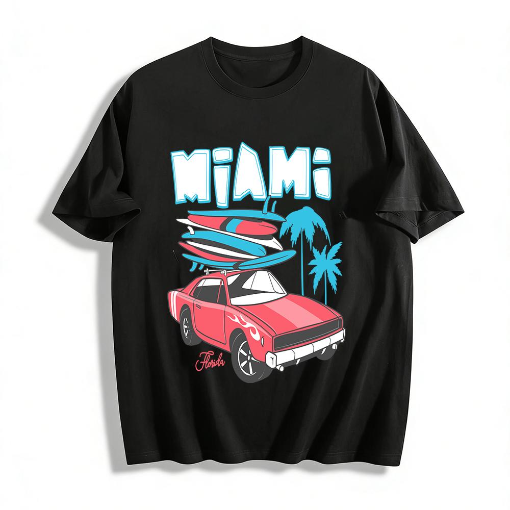 Florida Miami Surf Sports Car Graphic Tee Casual Vacation Top Pure cotton T-shirt