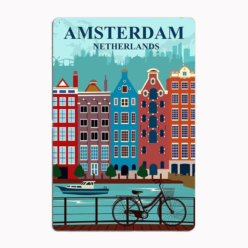 

Amsterdam Travel Poster Metal Poster Sign Club Custom Indoor Wall Tin Sign Room Decor Home Decor 20X30CM