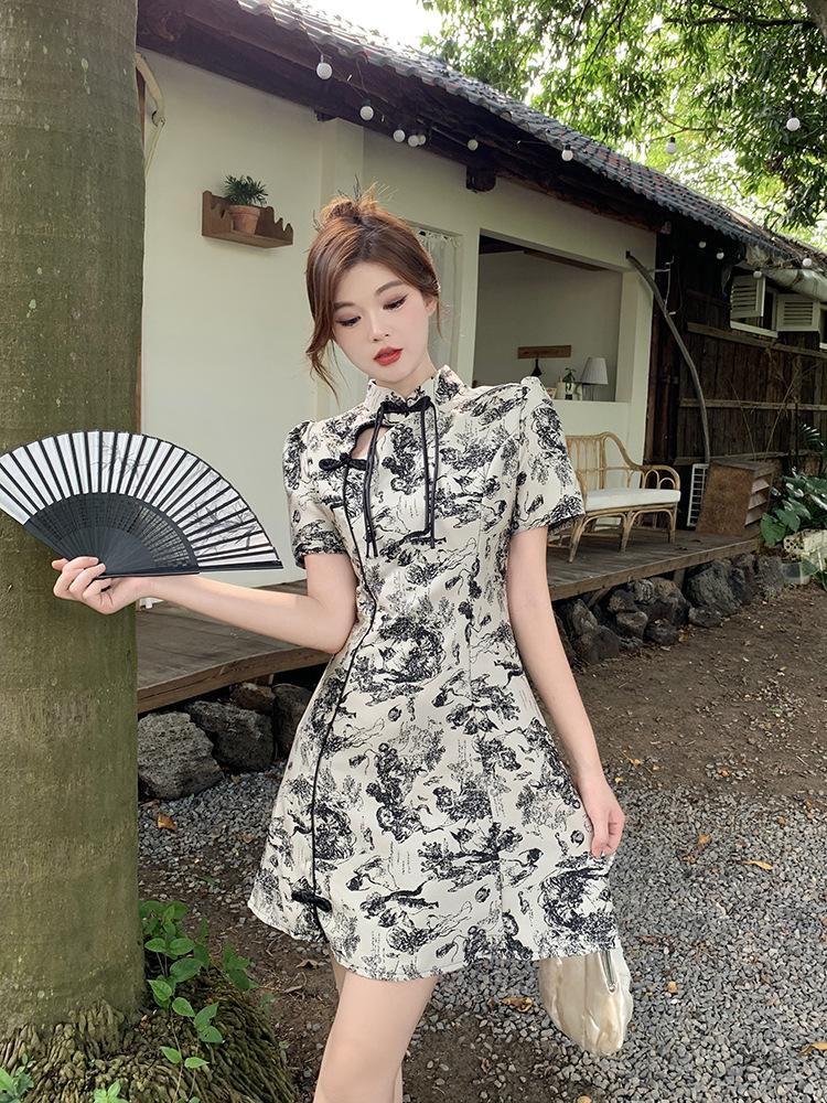 Summer women's clothing temperament national style retro cheongsam collar new dress fat mm waist cover belly and thin skirt