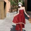 Yunnan Dali Travel Red Fringed Suspender Dress Women's Dopamine Wear Seaside Holiday Beach Long Skirt