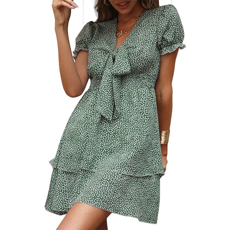 Summer Printed Cake Dress Waist Bow Green Dress