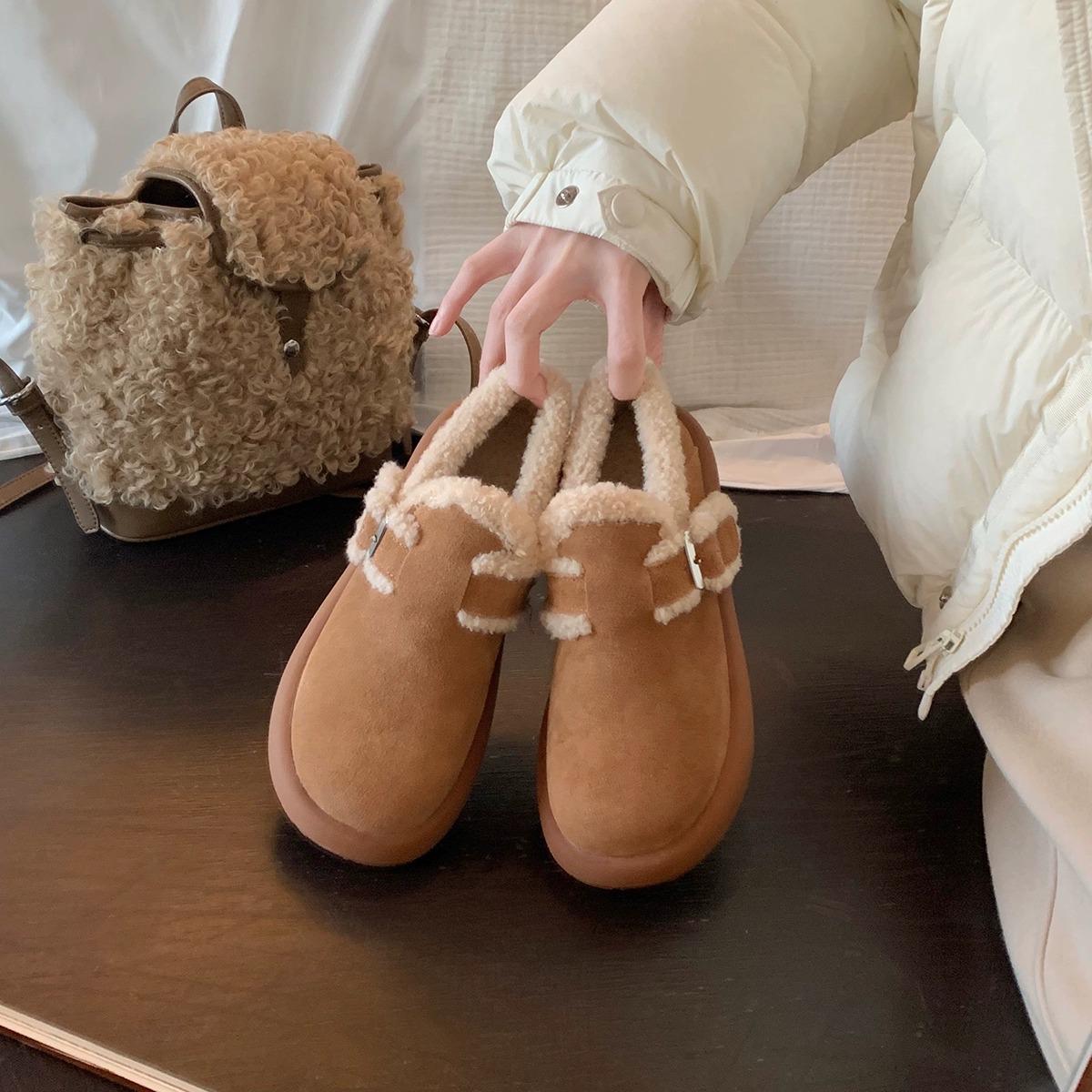 

Zhike 2025 зима новые теплые и бархатные хлопковые туфли на платформе ремень с пряжкой Boken женские зимние сапоги Doudou хлопковые туфли женский тренд 35 верблюд