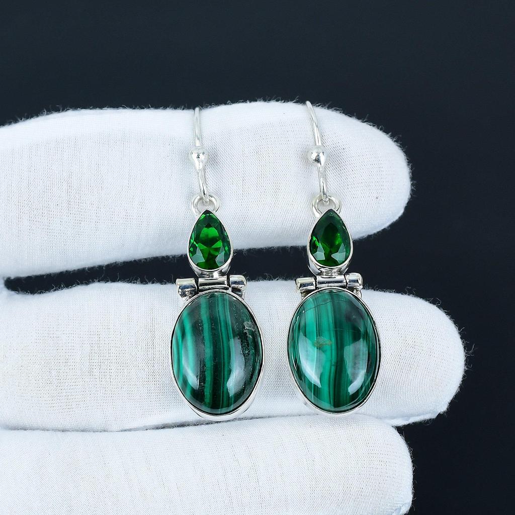 Elegant Malachite & Green Tourmaline Gemstone Earrings, 925 Sterling Silver Earrings, Antique Jewelry, Dangle Drop Earrings For Love Gifts