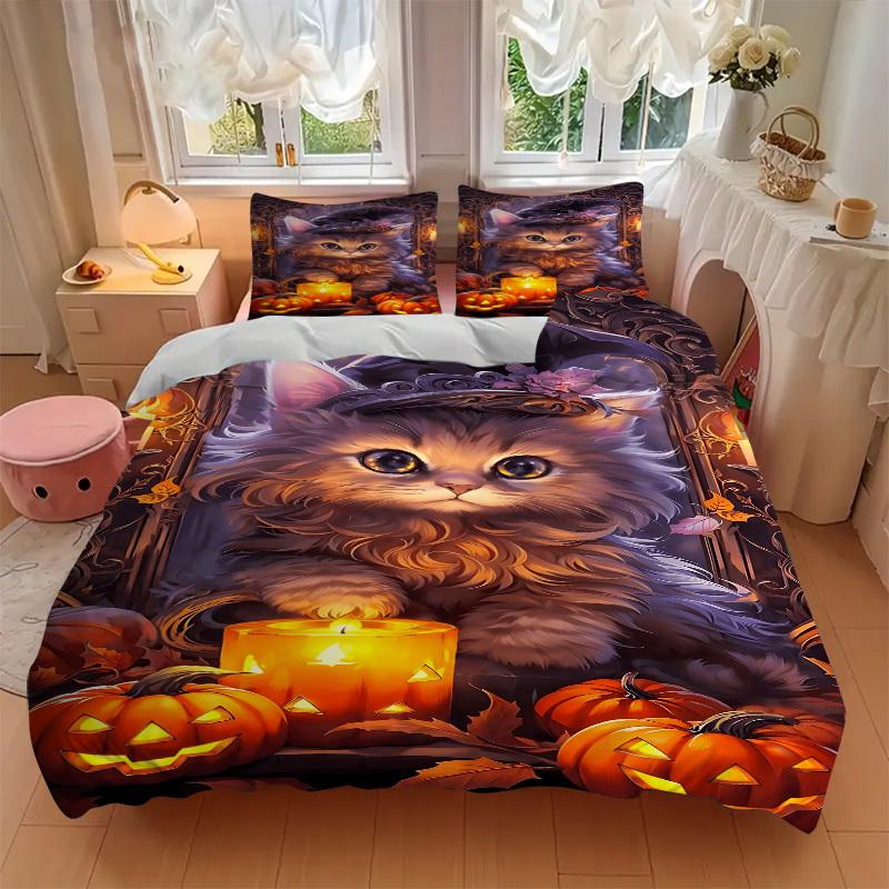 3pcs Witch Hat Kitty Art Duvet Cover Set -Includes 1 Duvet Cover and 2 Pillowcases, No Quilt Core, All-Season Home Decor  yy251111119