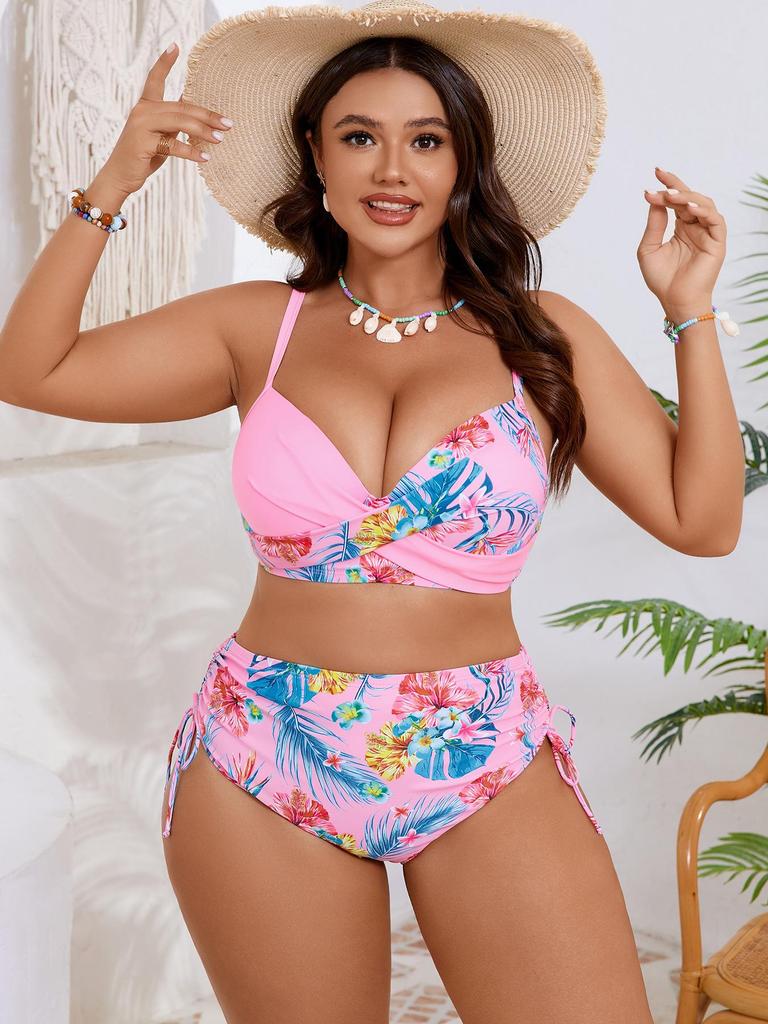 Europäischer Plus-Size Blumen-Bikini mit Schlitz und Kordelzug