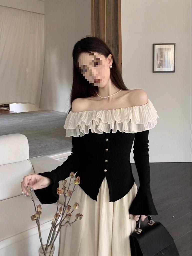 Pure Desire Ruffle Patchwork One-Shoulder Women's Long-Sleeve Waist-Cinched Autumn Top