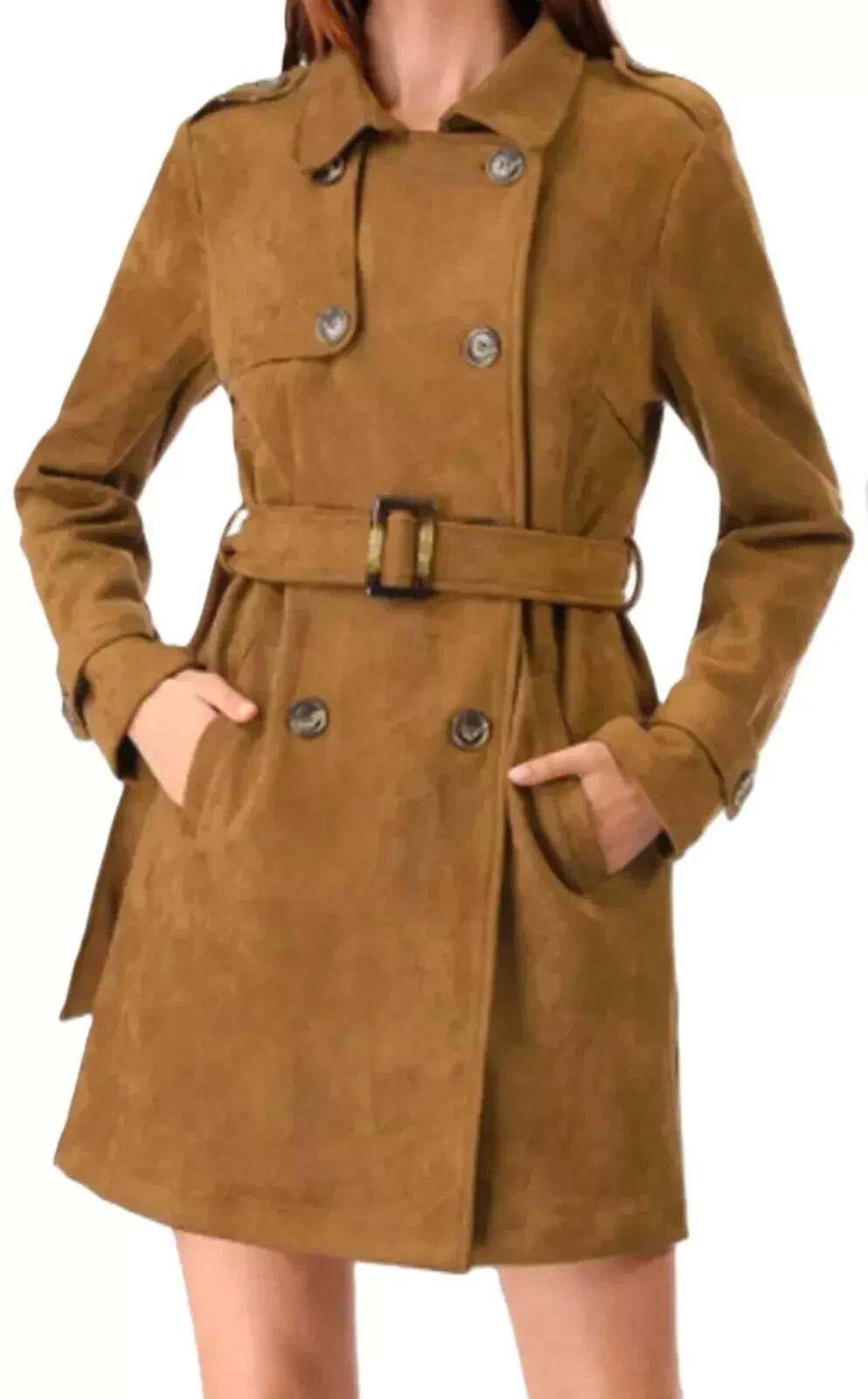 

Women Casual Stylish Soft Brown Suede Handmade Lambskin New Trench Coat Genuine 3XL