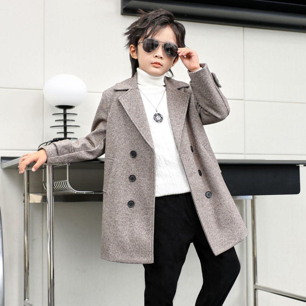 Boys' Mid-Length Wool Trench Coat - Stylish and Warm Korean-Style Overcoat for Autumn and Winter