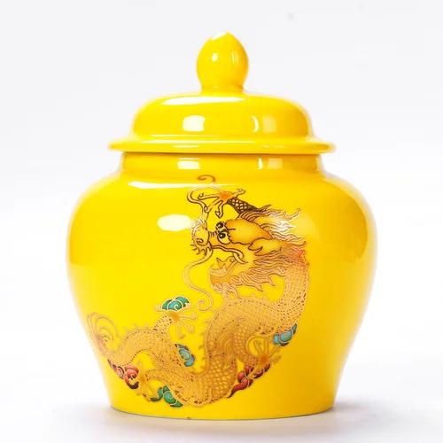 Ceramic Tea Pot with Lid Wedding Gift Red Gold Dragon Green Tea Candy Chinese Medicine Sealed Storage Tank Tea Bag Storage Box