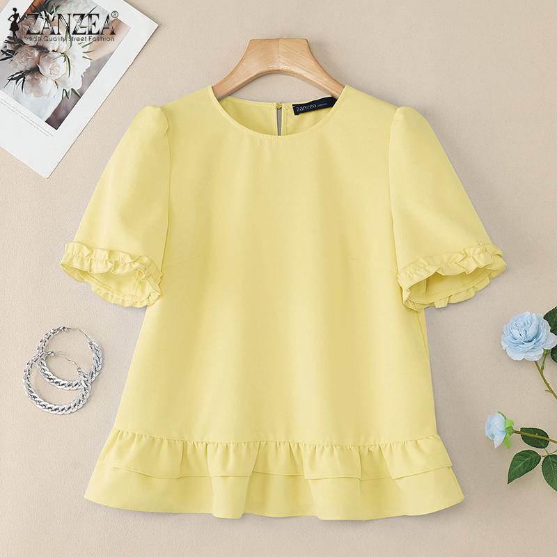 ZANZEA Women Casual Round Neck Summer Short Sleeve Blouse