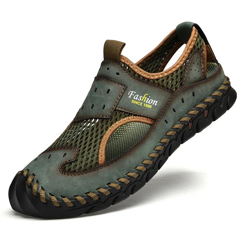 Fashion Men Genuine Leather Shoes Men's Sandals Durable Handmade Stitching Close Toe Non Slip Shoes For Indoor Outdoor Beach 2025