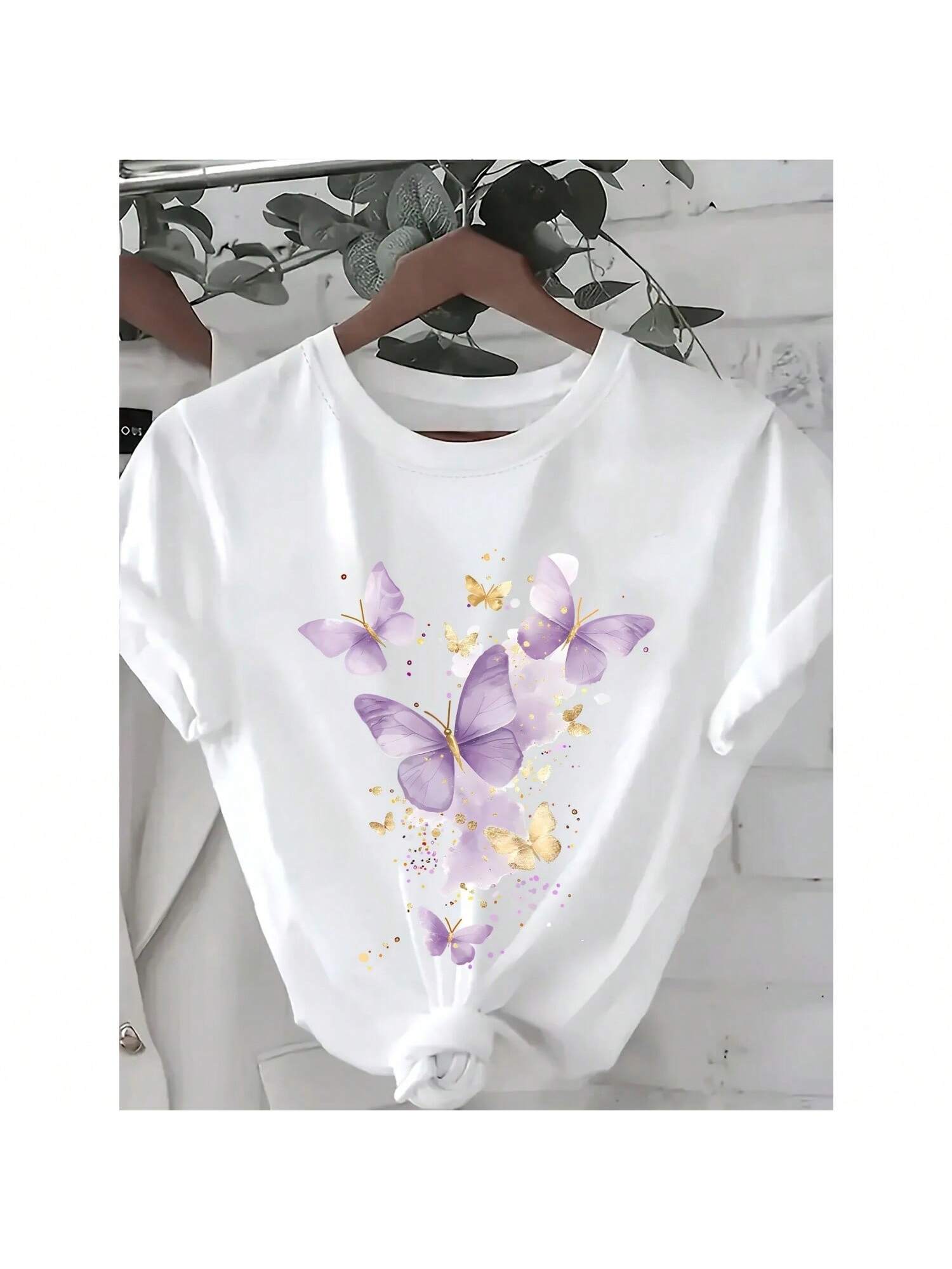 Wounisex S Casual Purple Butterfly Print T-Shirt - Short Sleeve Round Neck Summer Fashion Tee S разноцветный