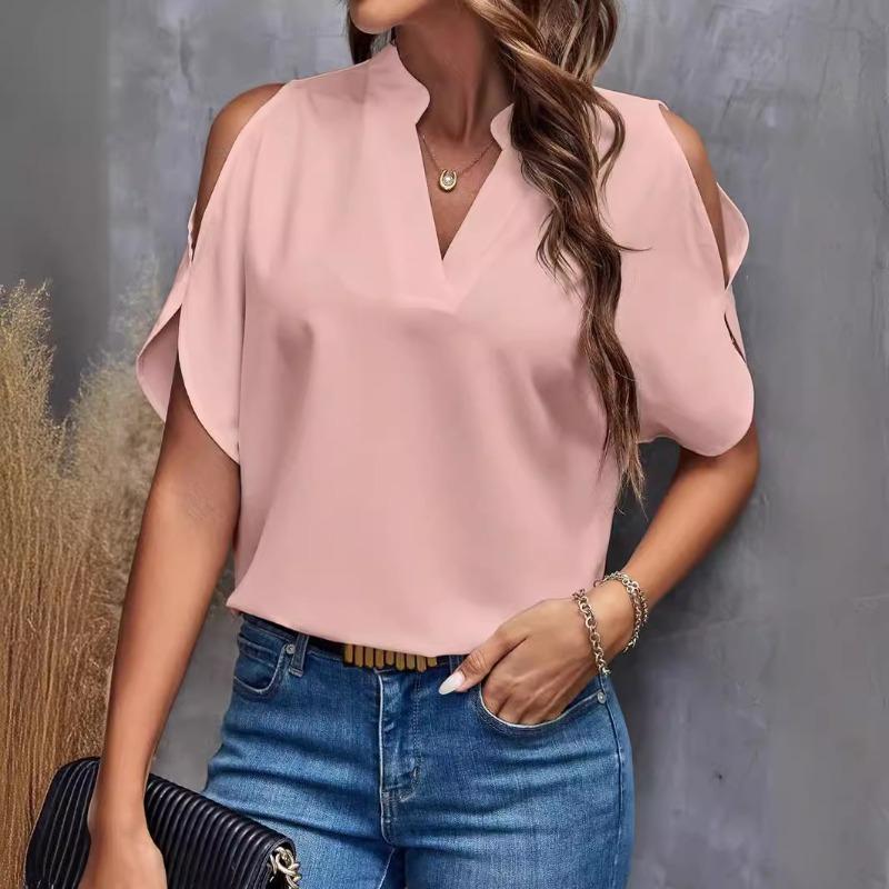 Women's summer new solid color V-neck temperament fashion off-the-shoulder sleeves women's top