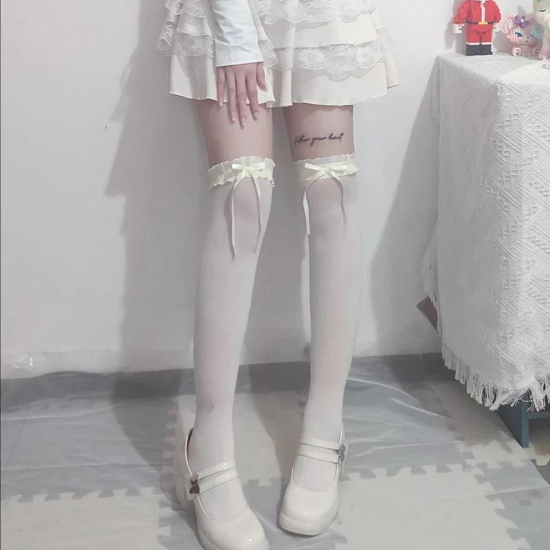 Women Lace Black White Ruffle Long Socks Women Girls Sweet Stockings JK Lolita Nylon Lace Leggings Over The Knee Bowknot Hosiery