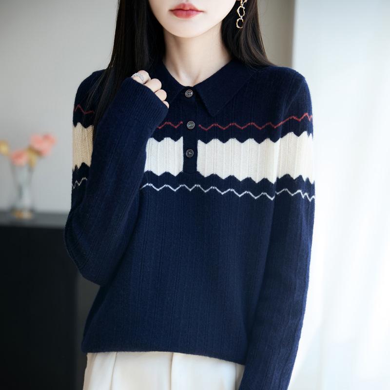 Women's Color-Block Jacquard Wool Sweater - New 2025 Autumn/Winter Cashmere Knit Top