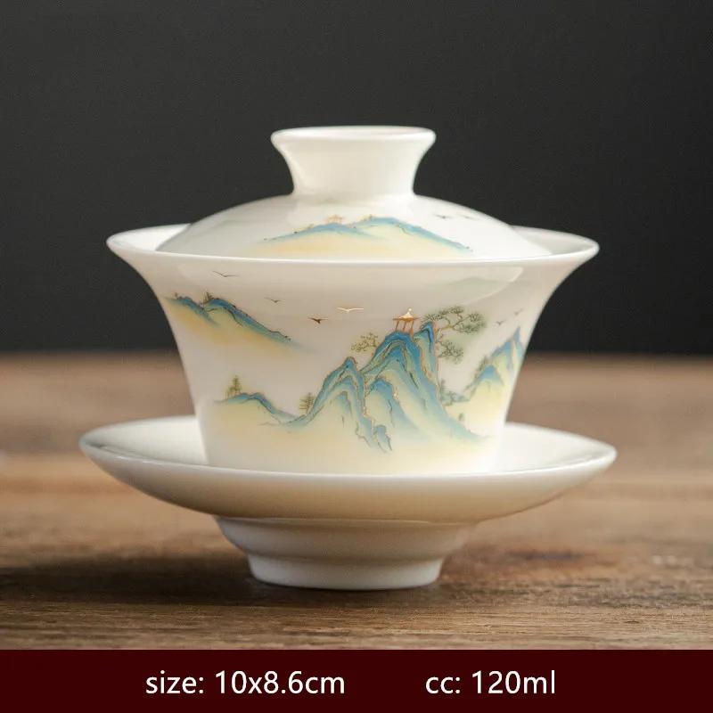 

120/140ml Hand-painted Goat Fat Jade White Porcelain Gaiwan Household Ceramic Tea Infuser Traditional with Cover Teacup