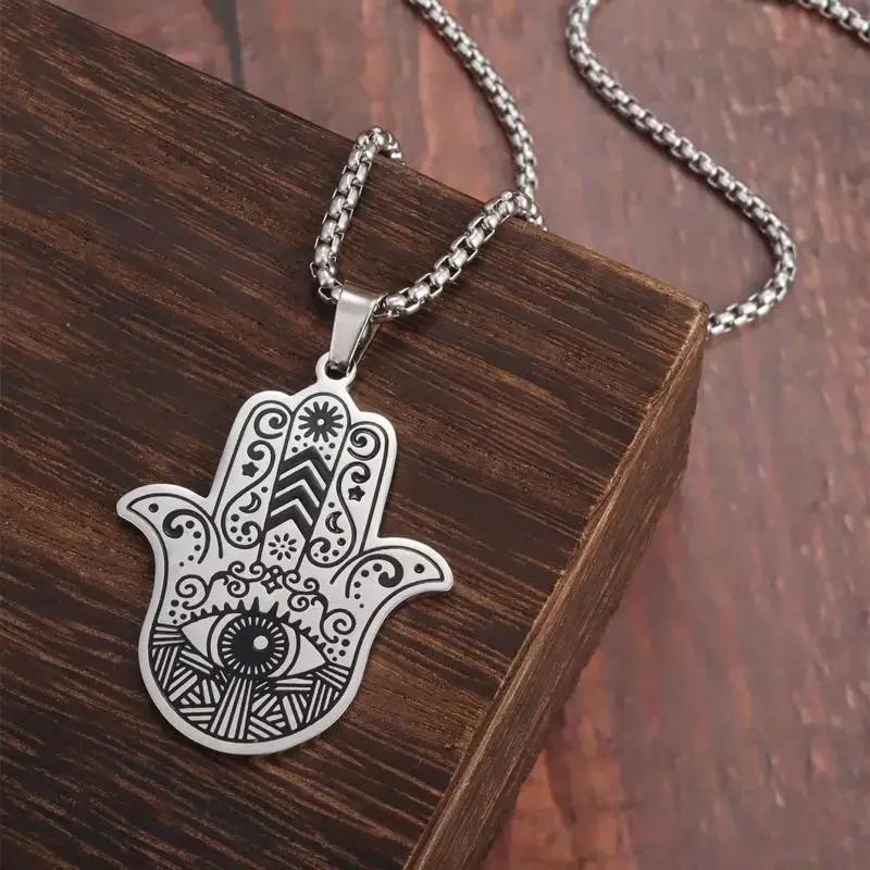 

Retro Punk Gothic Necklace | Devil s Eye & Hand of Fatima Pendant | Stainless Steel Unisex Lucky Amulet