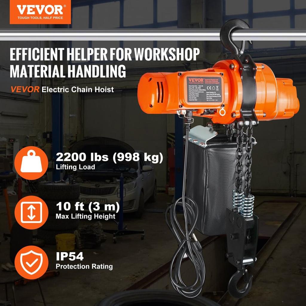 Electric Chain Hoist Single Phase Crane Hoist 2200 lbs Load 10 ft Lifting