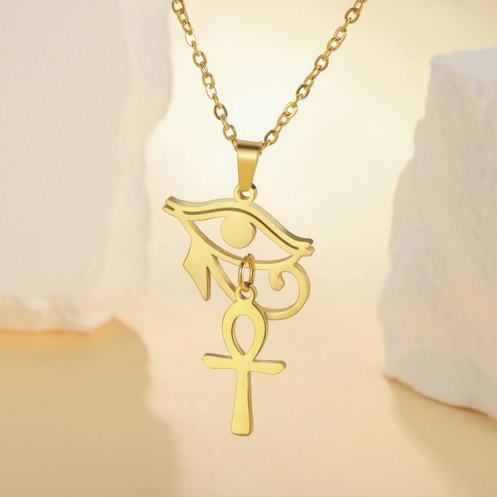 LIKGREAT Egyptian Eye of Horus Ankh Cross Protection Necklace for Women Men Stainless Steel Celtics Knot Amulet Jewelry