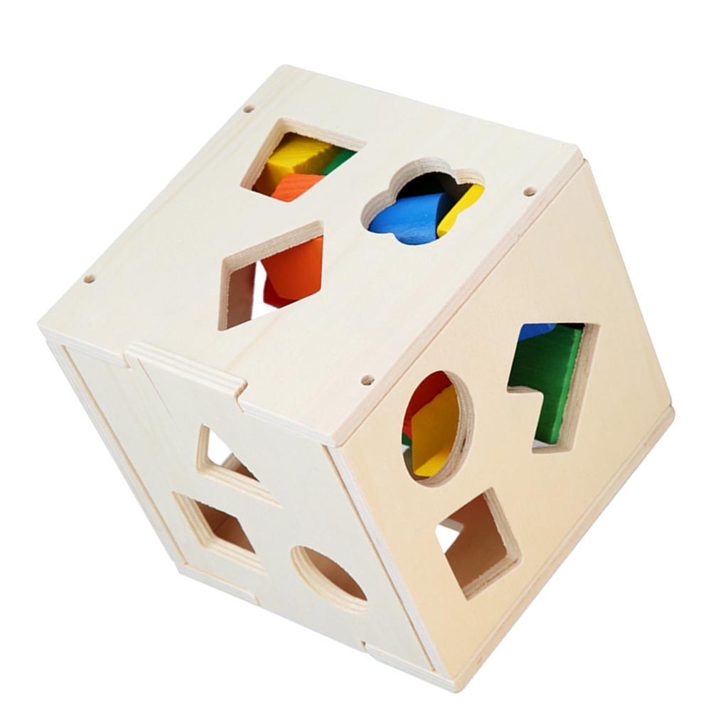 Wooden Kids Shape Sorting Toy 15 Holes Building Block Cube Box Geometric Shapes Matching Toy