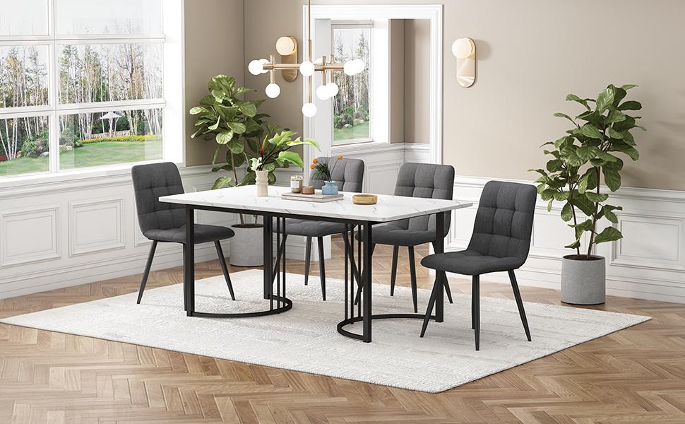 Dining Set (5-piece), Dining Table with 4 Chairs, 140×80cm Kitchen Table with Black Metal Legs, MDF Table Top in White, Dark Grey Linen Dining Chairs