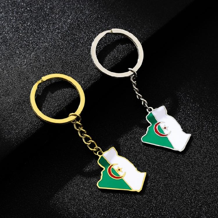 Stainless Steel Algeria Map Flag Keychain Outline Jewelry Gift for Friend Family
