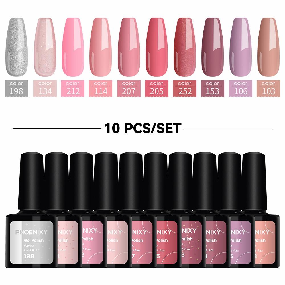 PHOENIXY 10 Colors Gel Nail Polish Set Gel Lacquer Kit For Soak Off Manicure Semi-Permanent Hybrid Varnishes Base And Top Nail Art