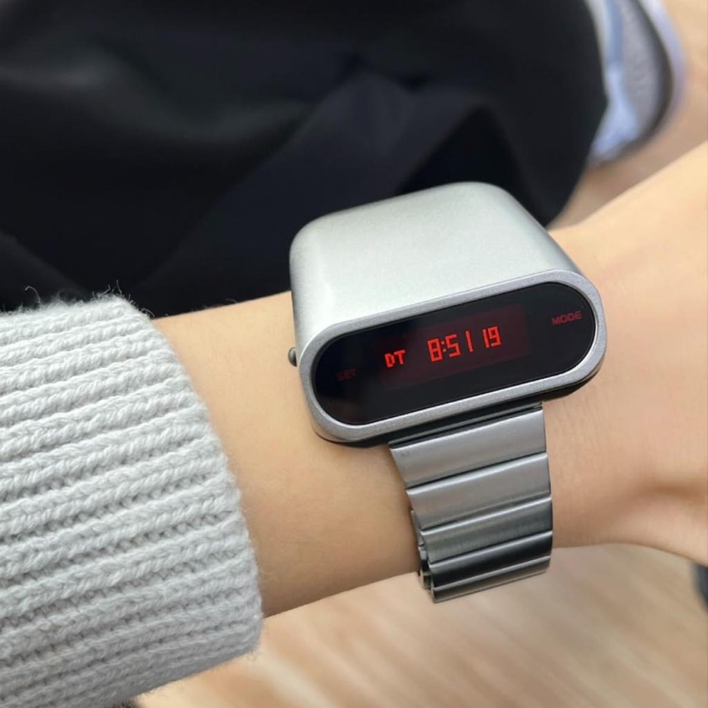 BENLYDESIGN Unique Metal Watch, OLED Display Men's Digital Watch, Lift-to-Wake Screen, Stainless Steel Strap, Silver, Red. Vintage, Retro. Unique.