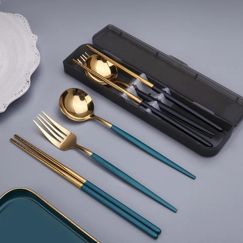 Stainless Steel Spoon Fork Chopsticks Set Storage Box Tableware Coffee Snacks Fruit Dessert Portable Spoon Fork Chopstick Set