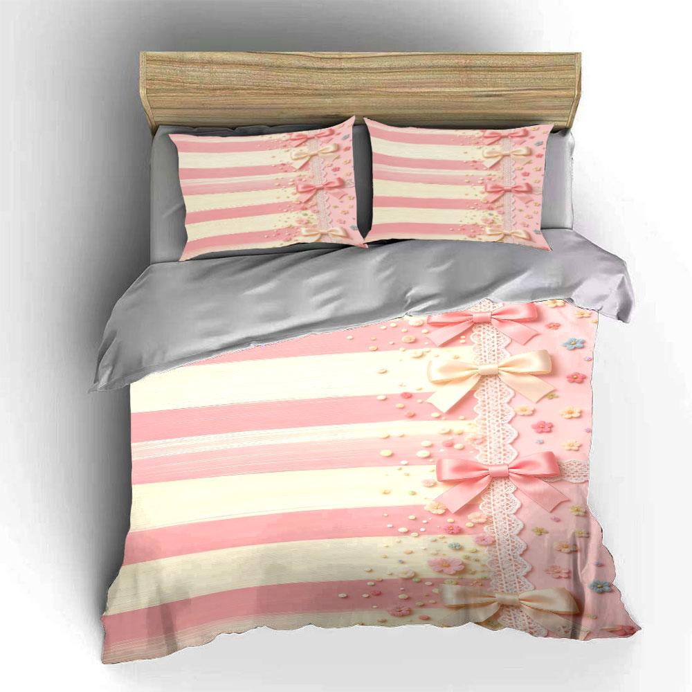 Striped pattern, bows, lace. Bedding sets Duvet cover sets Duvet covers Pillowcases(1 * Duvet Cover 2 * Pillowcases without duvet insert)