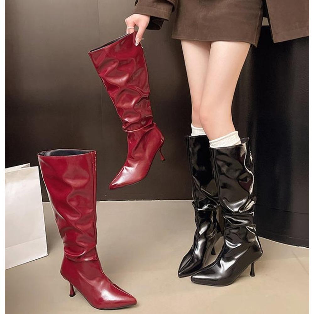 New Over-the-knee Boots Women Fashion Pointed Toe Black Side Zipper Thin High Heels Female Shiny Pleated High Heel Botas