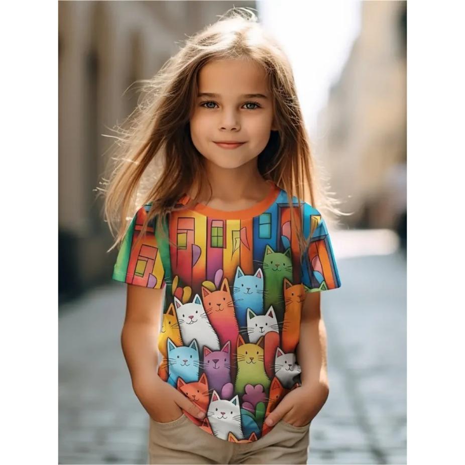 Kids Clothes Children's T-Shirt Girl Short Sleeve Top Cartoon Cat Girls Summer Clothes Child T-Shirt  Children's Clothing