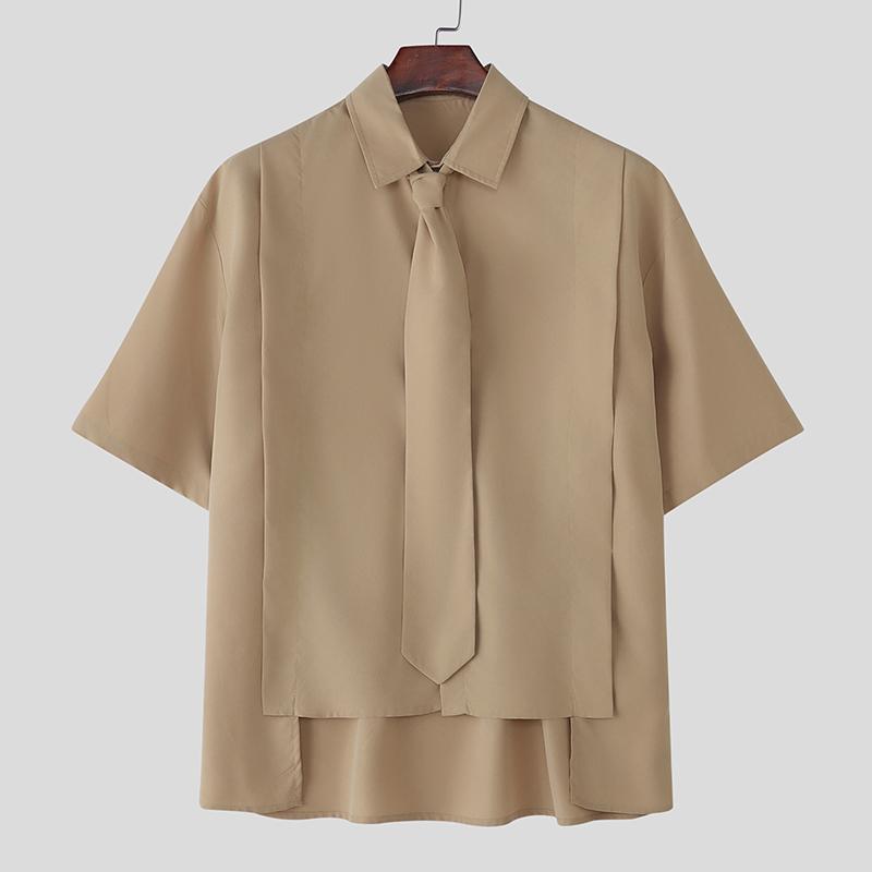 INCERUN Men Tie Lapel Neck Short Sleeve Buttons Irregular Casual Oversized Shirts