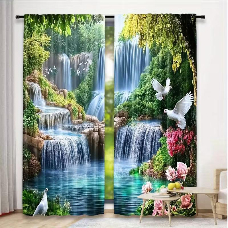 2pcs Waterfall & Dove Scenic Patterned Curtains, Design for Living Room Bedroom Window Decoration, Rod Pocket Curtains