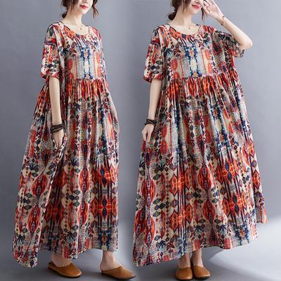 Summer Literature Plus Loose Cotton Linen Printed Short Sleeved Dress for Women