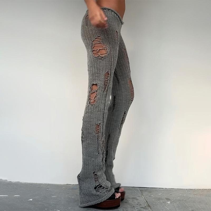

2026 Spring and Autumn New Fashion Creative Street Trend Hollow-out Ripped Knit Slim-fit Pants for Women L сірий