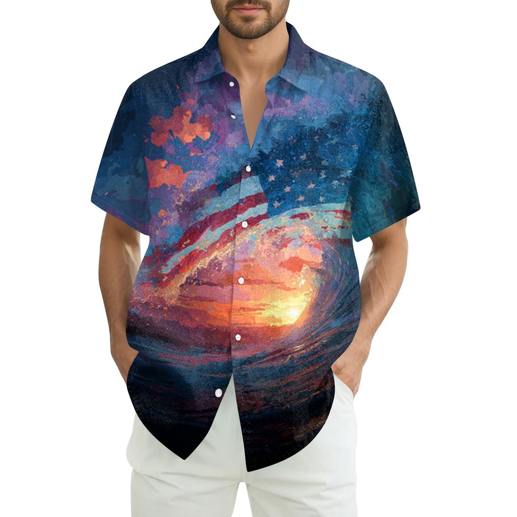 Men's Summer Casual Independence Day Print Short-Sleeve Shirt