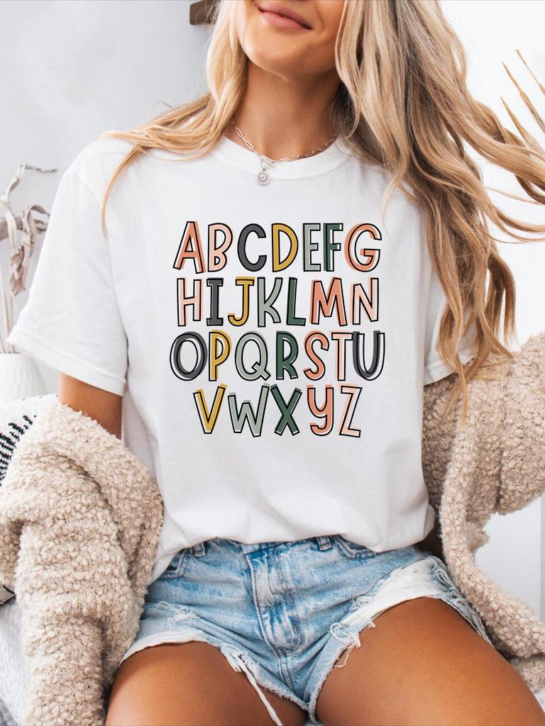 Small Language Spanish Alphabet Print Spring and Summer Casual T-Shirt Round Neck Short-Sleeved Sports T-Shirt Women'S Top
