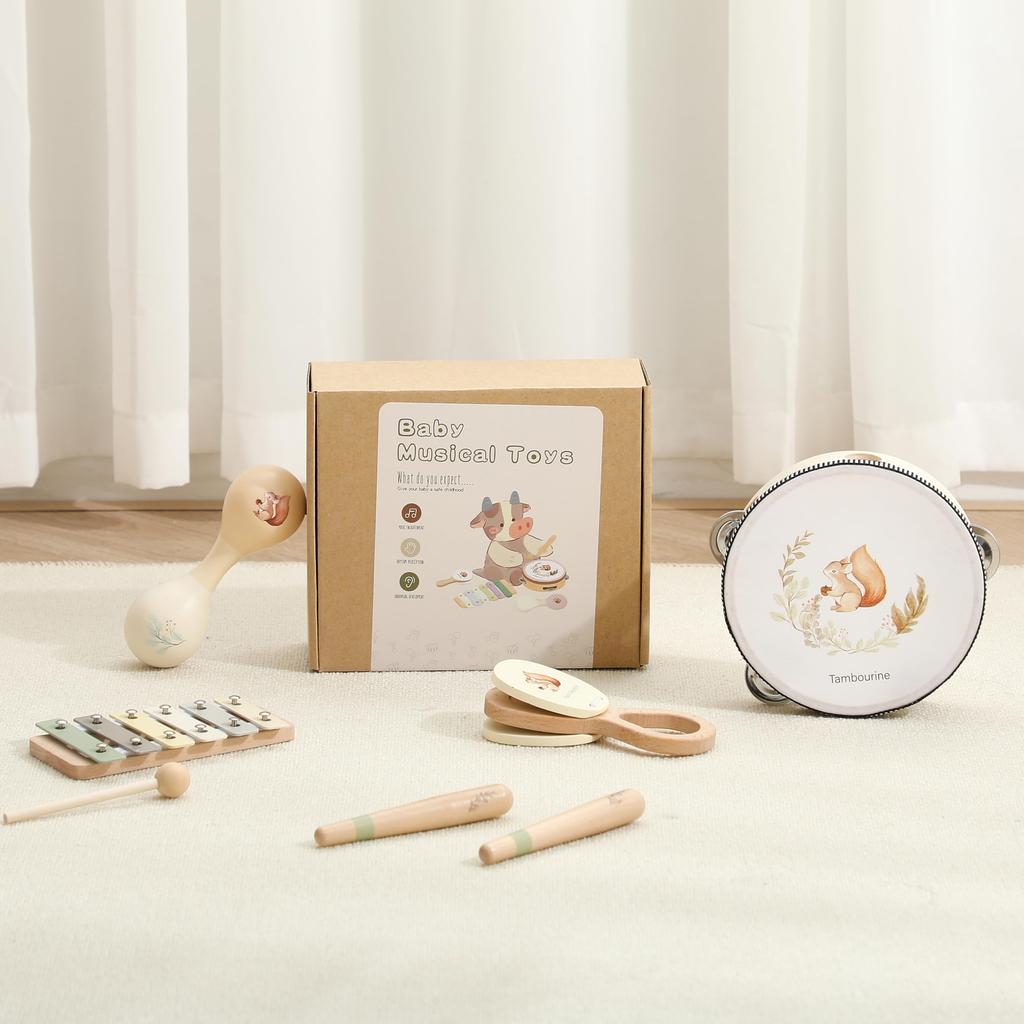Promise Babe Jucării Instrumente Muzicale Set 8 Piese Instrumente de Percuție din Lemn pentru Educație Instrumente de Percuție pentru 3 Ani 4 Ani 5 Ani