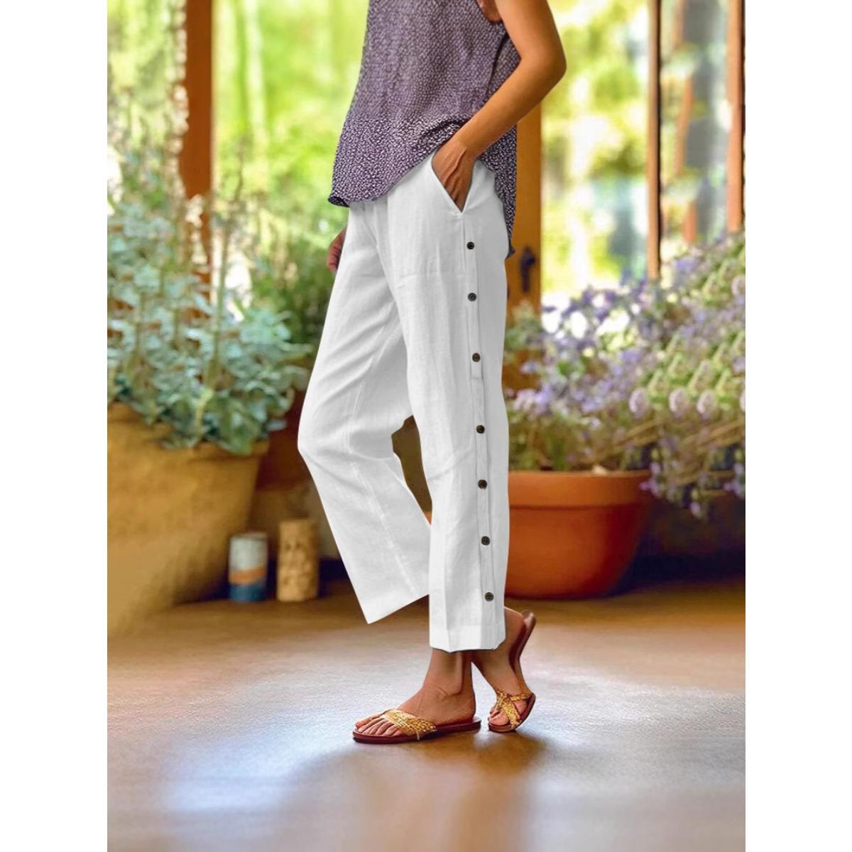 Women s Casual Linen Blend Cropped Pants Elastic Waist Button Detail Trousers S белый