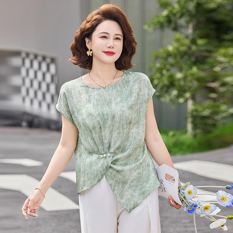 

Elegant Summer Two-Piece Set for Moms: Casual Print Short Sleeve Top & Solid Long Pants for Middle-Aged and Elderly Women 4XL (135-150 jin)